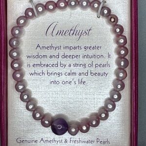 Genuine Amethyst & Freshwater Pearl Stretch Bracelet Purple Beaded
